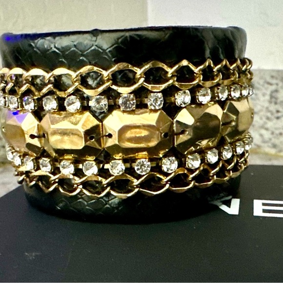 Y2K Wide Leather Croc Cuff w Gold Chain, Stones , and Rhinestones Cuff - Picture 6 of 8